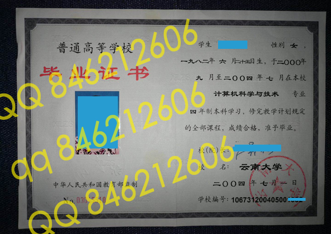 云南大学04年毕业证样本图