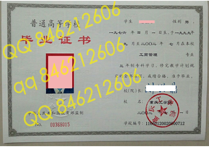 2002年重庆工学院毕业证样本
