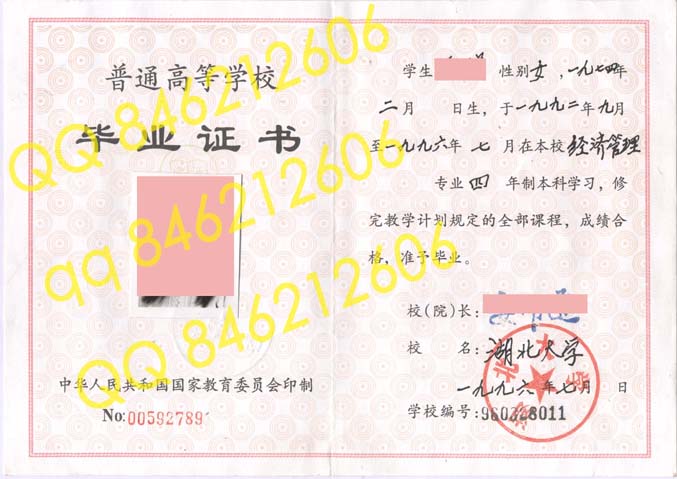 1996年湖北大学毕业证样本