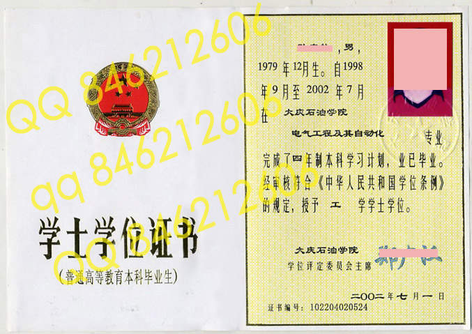 2002年大庆石油学院学位证样本
