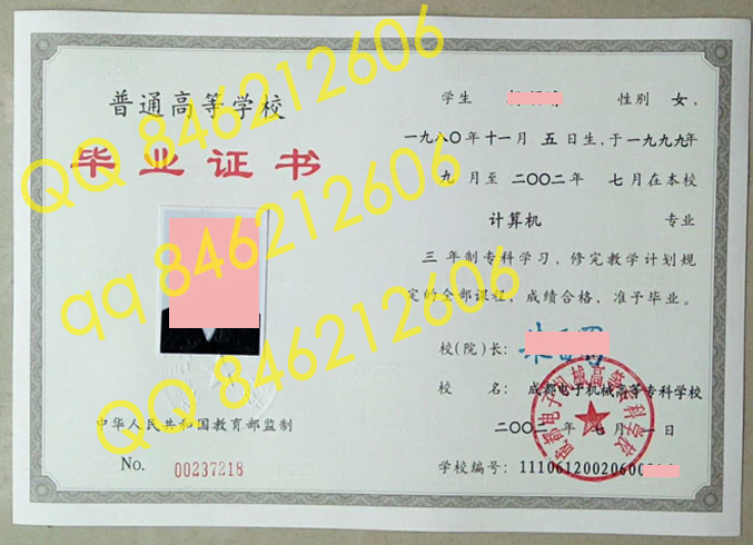 2002年成都电子机械高等专科学校毕业证样本