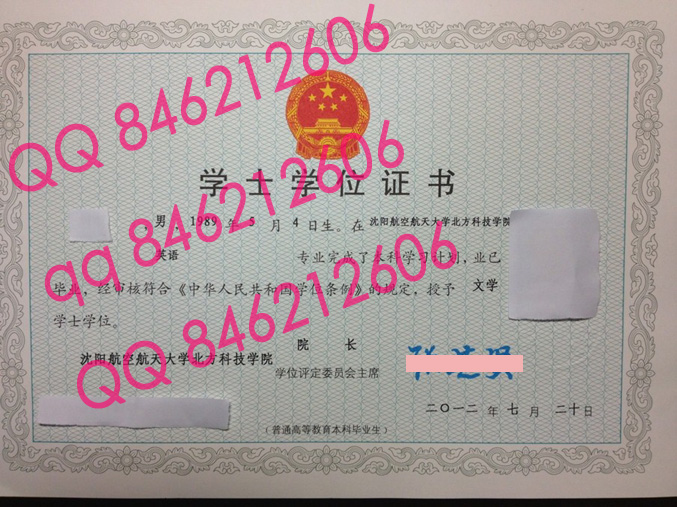 沈阳航天航空大学北方科技学院学位证样本