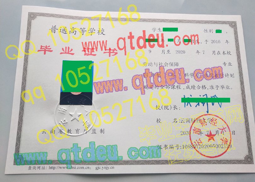 云南财经大学2020年本科毕业证样板/图片