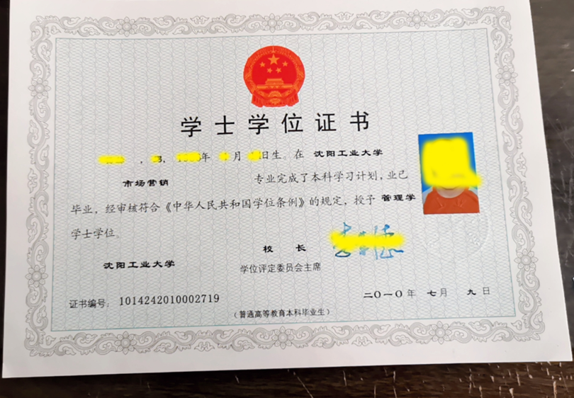 沈阳工业大学 -2010年学位证样本