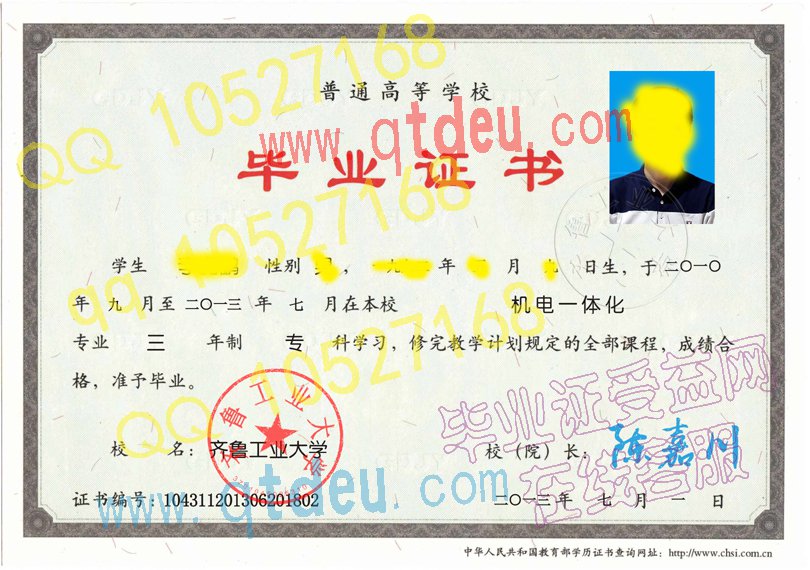 齐鲁工业大学 -13年毕业证样本图
