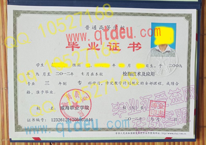 威海职业学院-2012年毕业证样本图