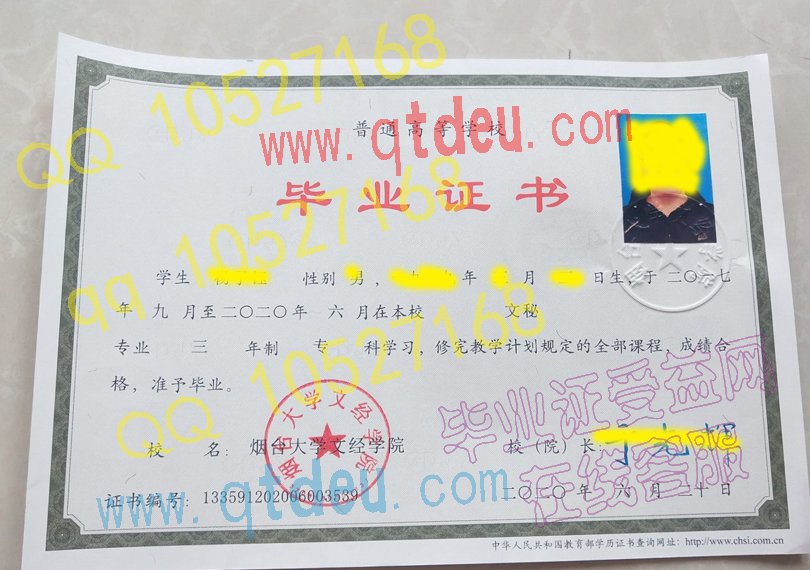 烟台大学文经学院2020年大专毕业证样本（模板）