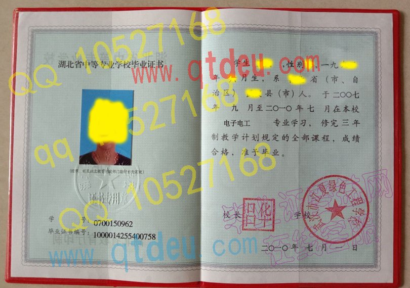 武汉市江夏绿色工程学校毕业证模板样本