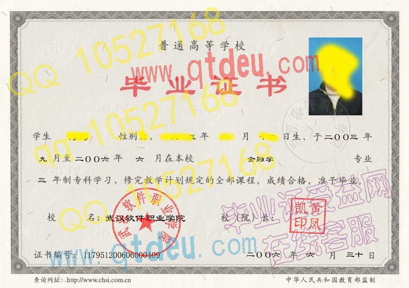 武汉软件职业学院毕业证模板{样本}