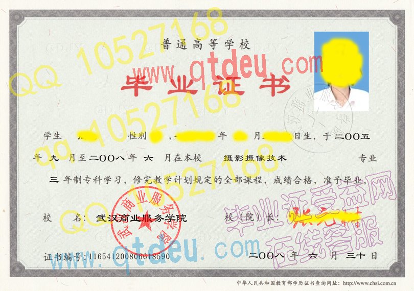 武汉商业服务学院毕业证样本图片GER