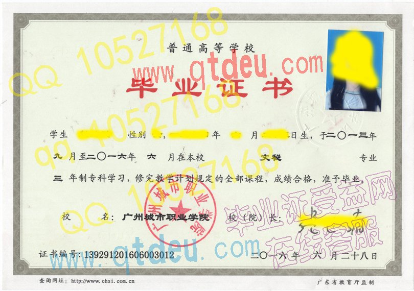 广州城市职业学院毕业证16年原版样本