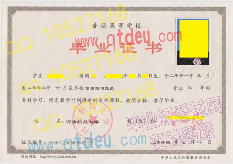 河南科技大学毕业证模板/样板