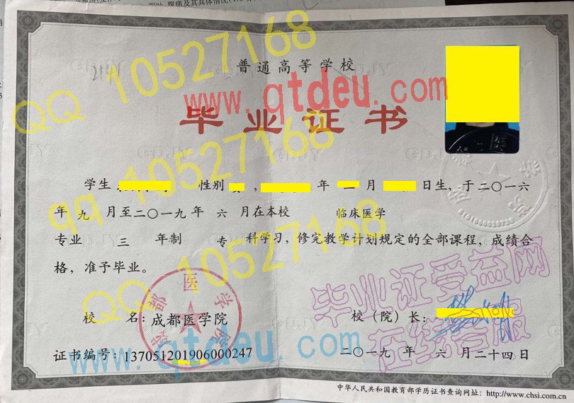 成都医学院毕业证19年原版样本