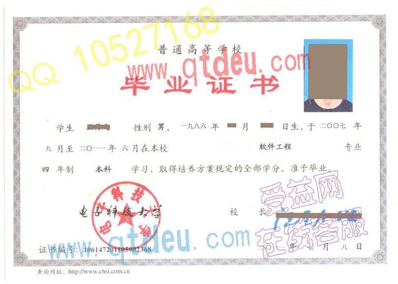 电子科技大学毕业证样本图片
