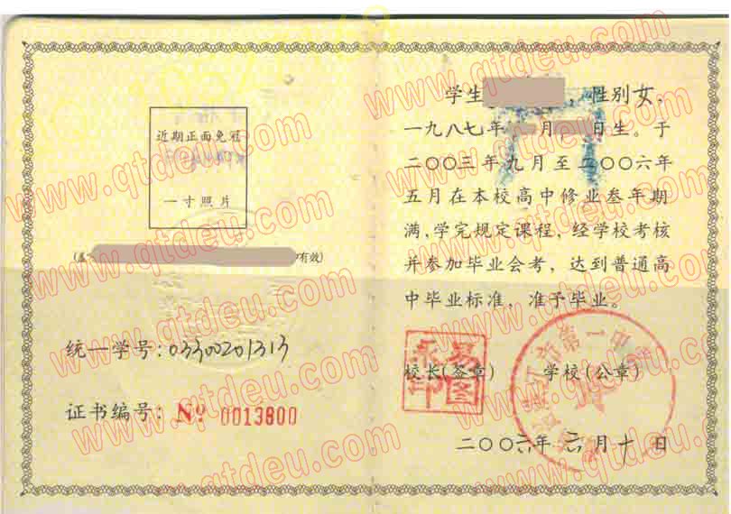 湖南省洪江市第一中学毕业证样本