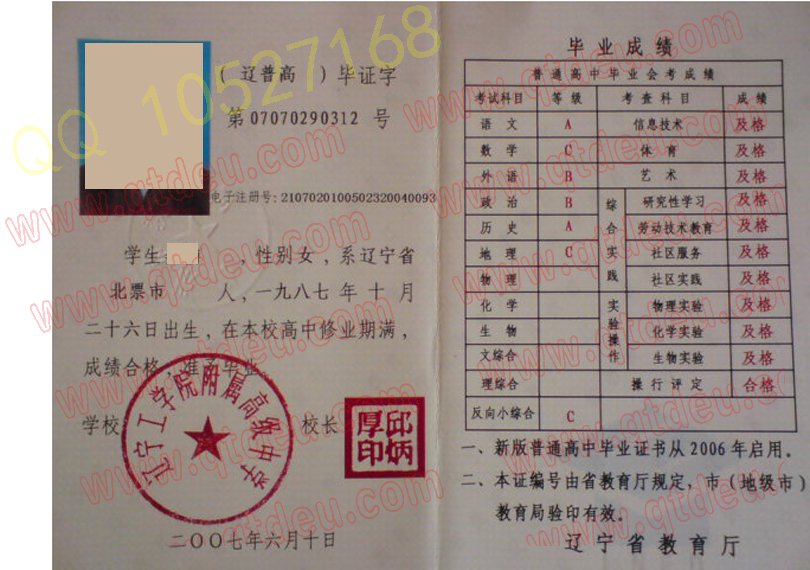辽宁工学院附属高级中学毕业证样本图片