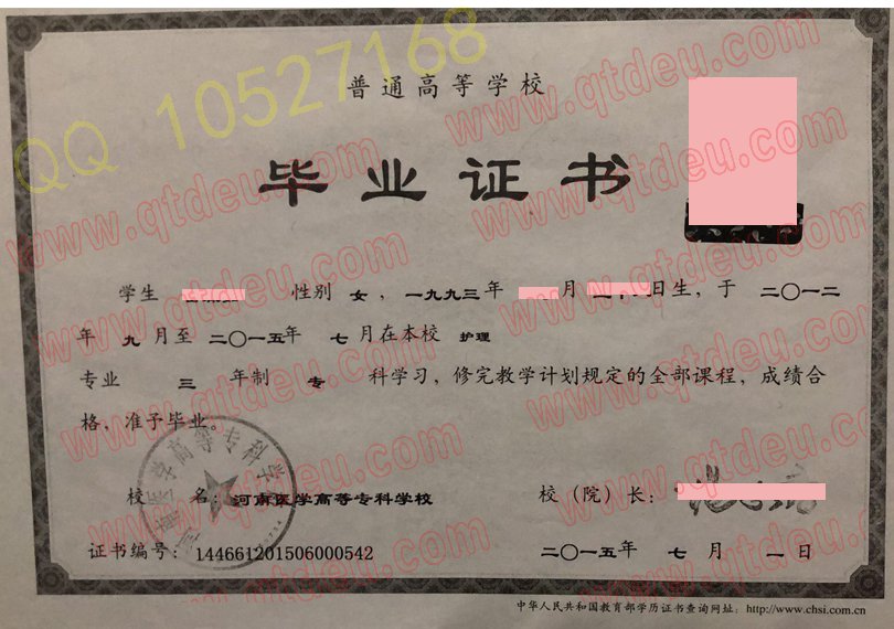 河南医学高等专科学校毕业证模板/样本