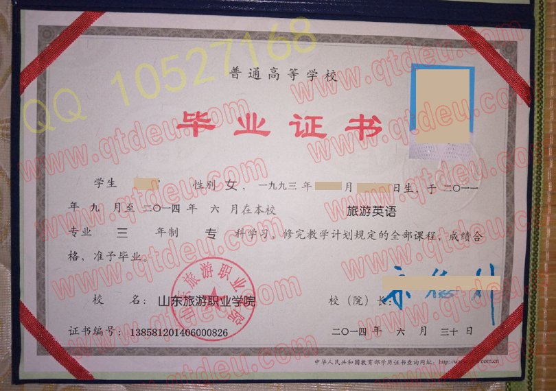 山东旅游职业学院毕业证模板/样本