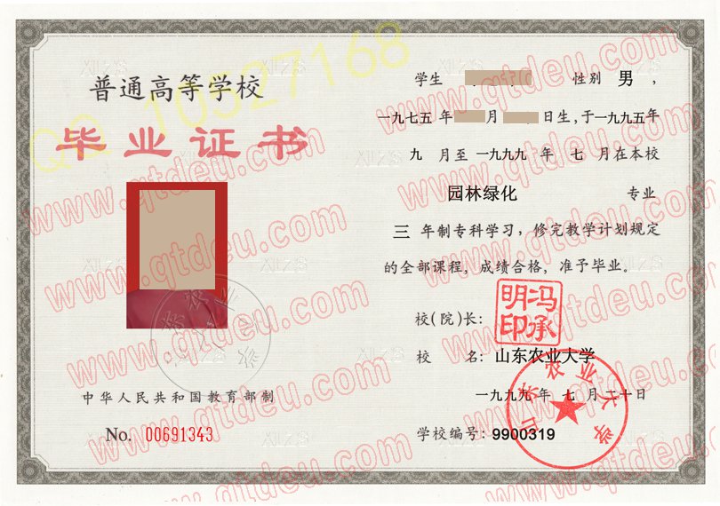 山东农业大学 -1999年大学毕业证样本图片