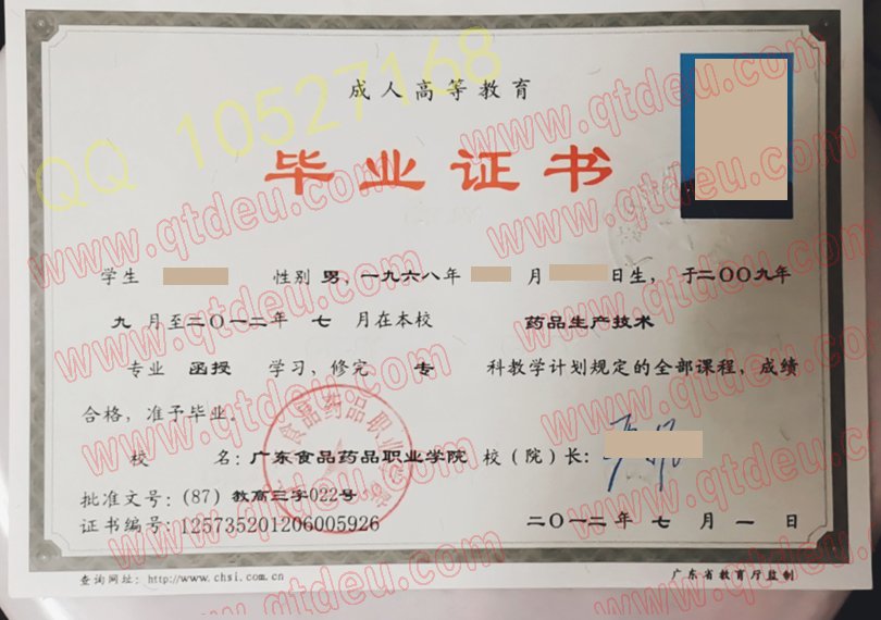 广东食品药品职业学院成人教育毕业证模板{样本}