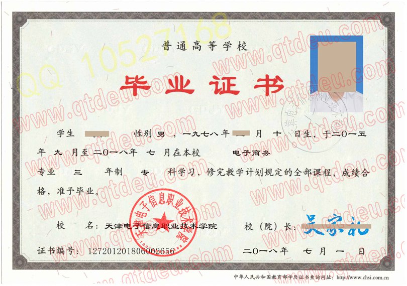 天津电子信息职业技术学院毕业证样板{模板}
