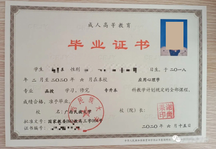 广西民族大学 成人教育毕业证样本(模板)