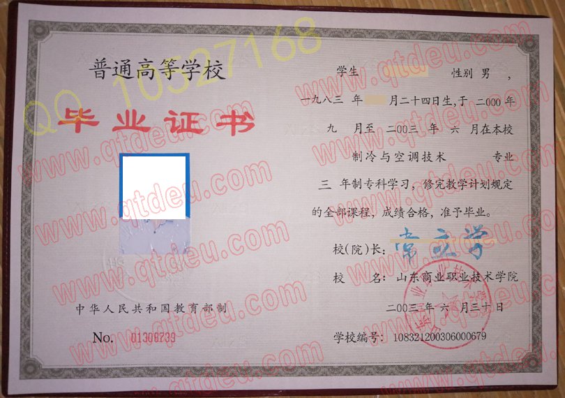 山东商业职业技术学院毕业证样板{模板}