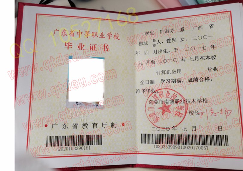 东莞市南博职业技术学校中专毕业证20年原版样本