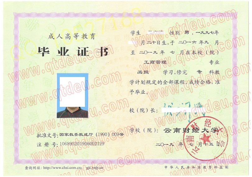 云南财经大学成人教育毕业证样板样本