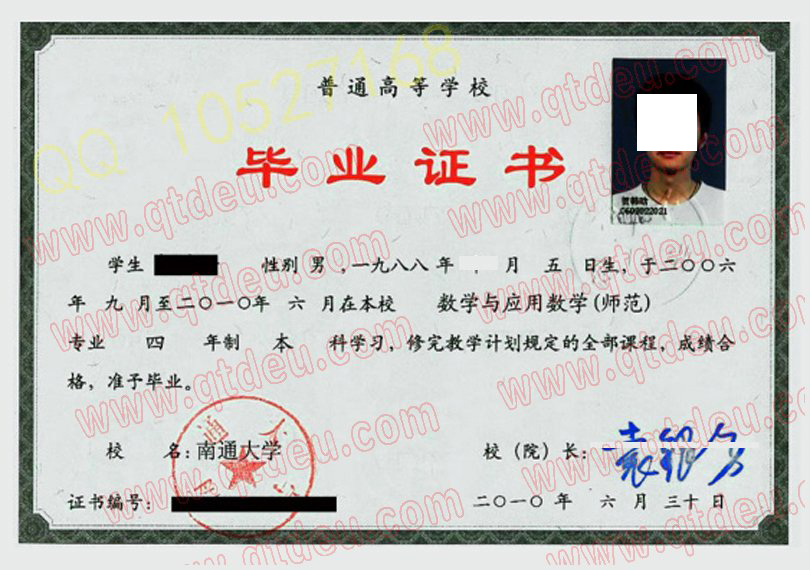 南通大学毕业证模板/样本