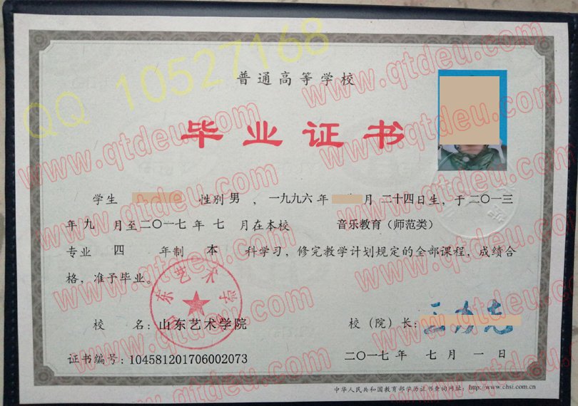 山东艺术学院毕业证样板/样本
