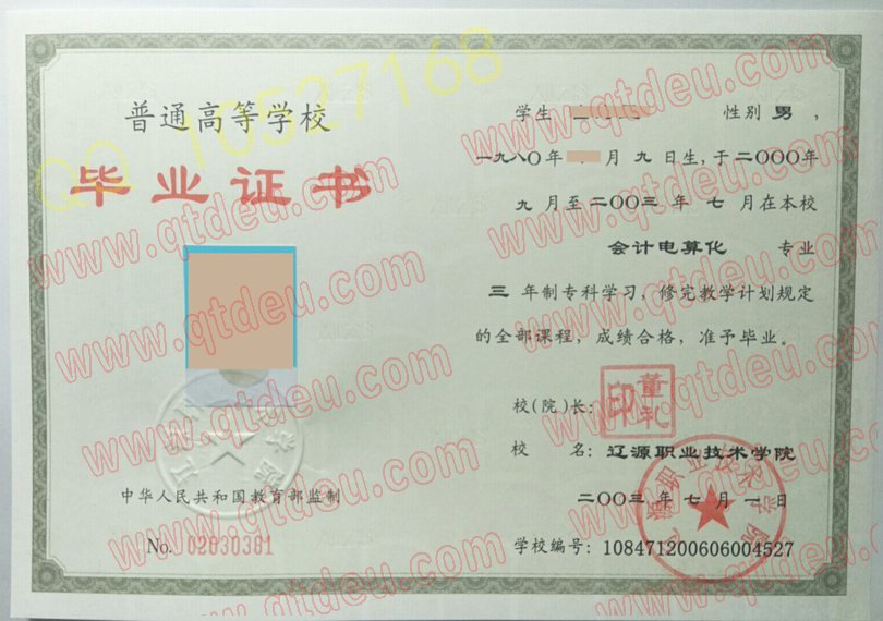 辽源职业技术学院2003年大专毕业证样板(样本)