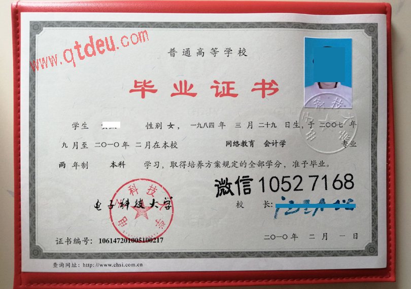电子科技大学10届网络教育毕业证样本
