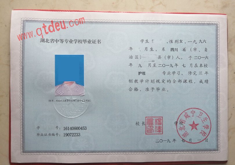 湖北省咸宁卫生学校毕业证样本图