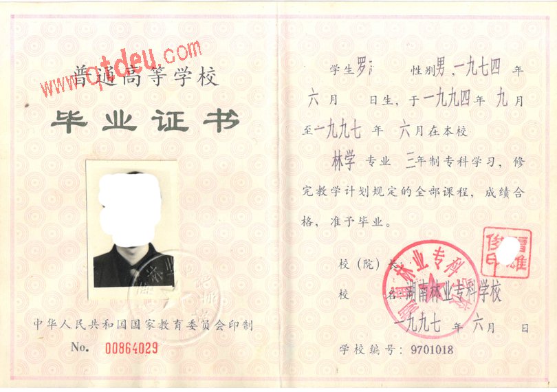 湖南林业专科学校97年毕业证样本图