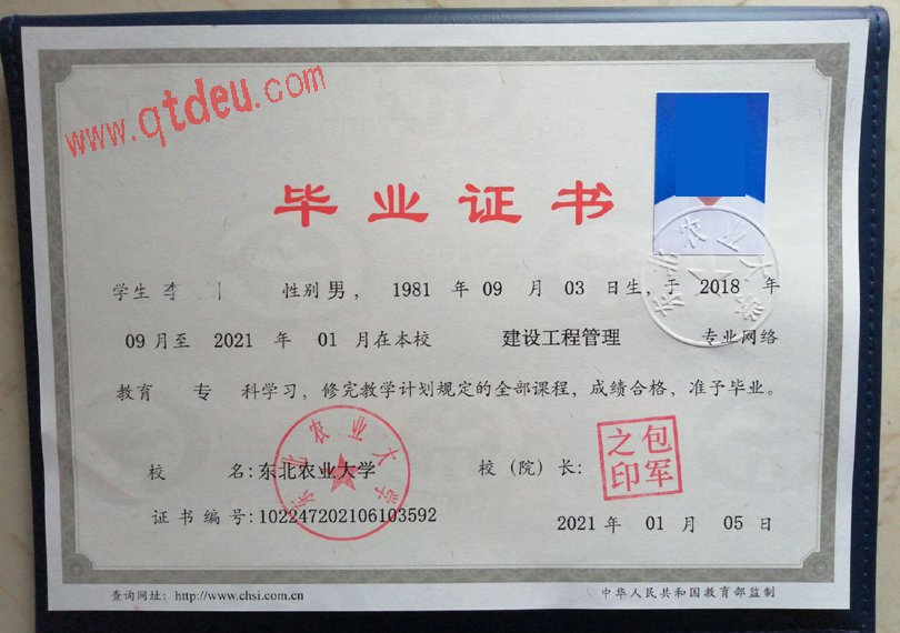 东北农业大学网络教育毕业证样本图