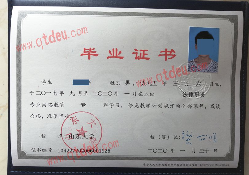 山东大学网络教育毕业证样板{模板}