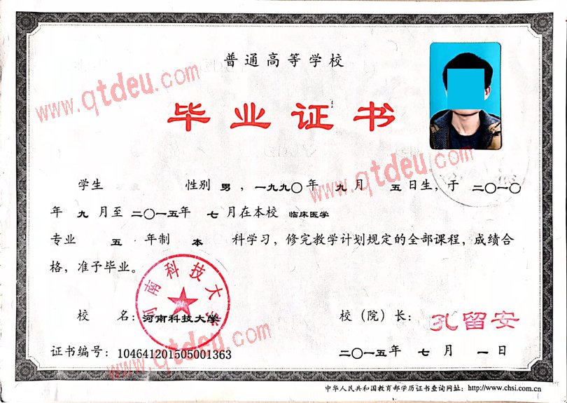 河南科技大学毕业证样板(模板)