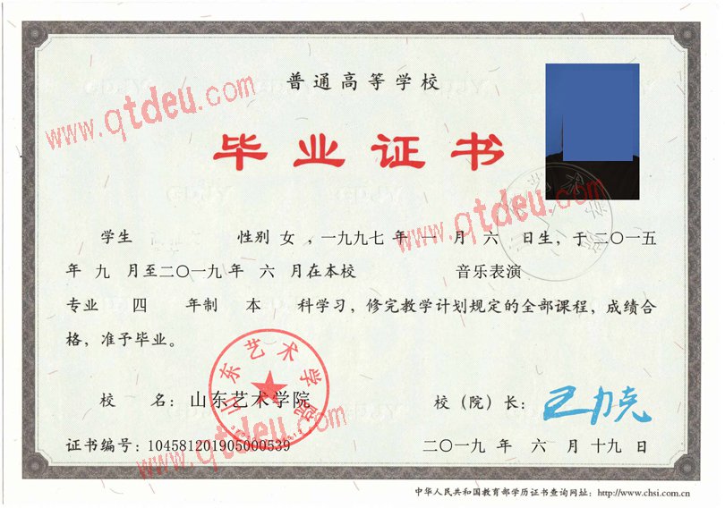 山东艺术学院毕业证样板_样本