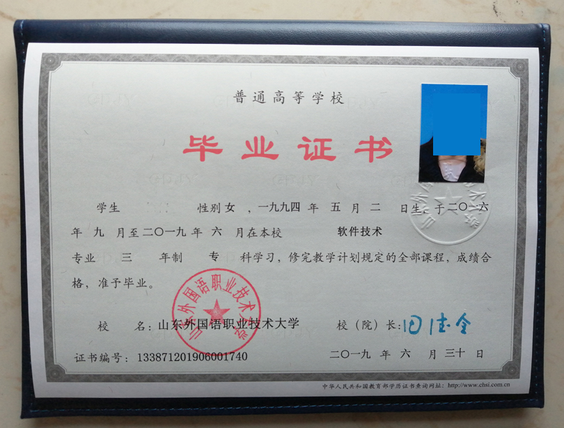 山东外国语职业技术大学毕业证模板{样本}