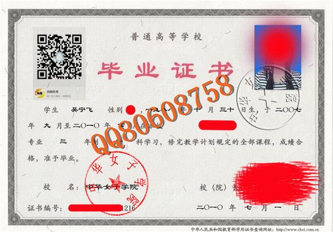 中华女子学院毕业证样本图